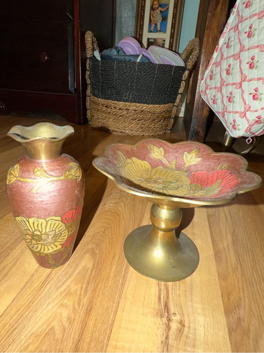 Vintage Enameled Brass Floral Scalloped Pedestal Bowl & Vase Set - Pink and Gold